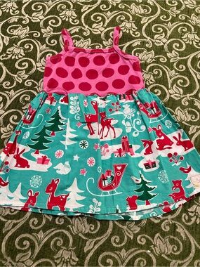 Girls Holiday Polka Dot & Reindeer Dress - Pink & Teal. Suttons Buttons.